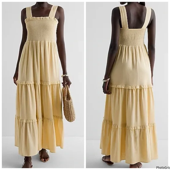 Express Square Neck Smocked Tiered Linen Maxi Dress XL Mustard - Picture 4 of 8